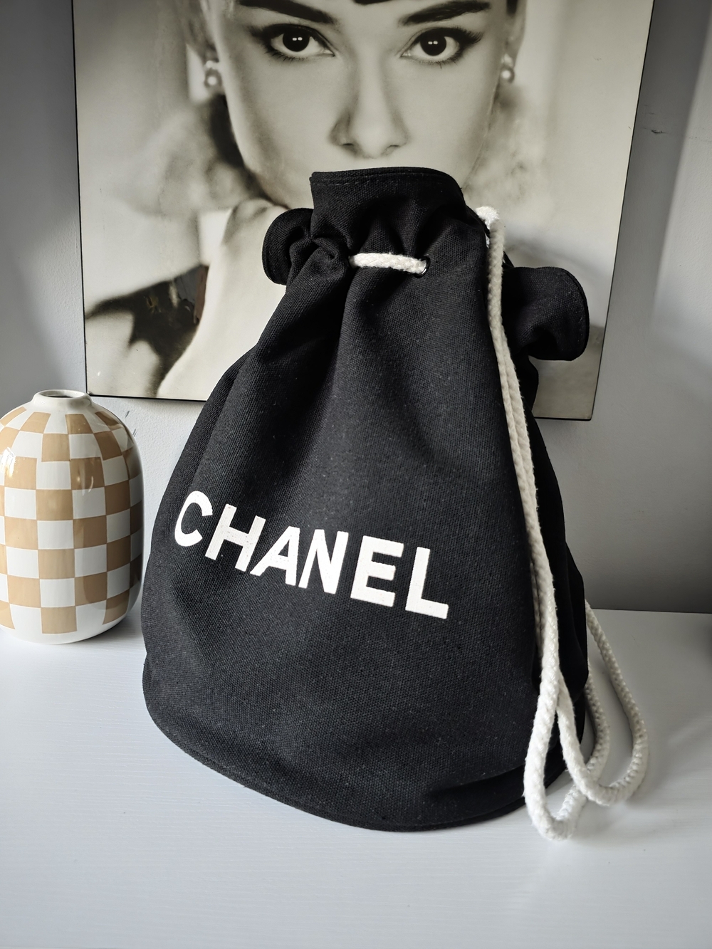 CHANEL White and Black Logo-Printed Fabric Tote